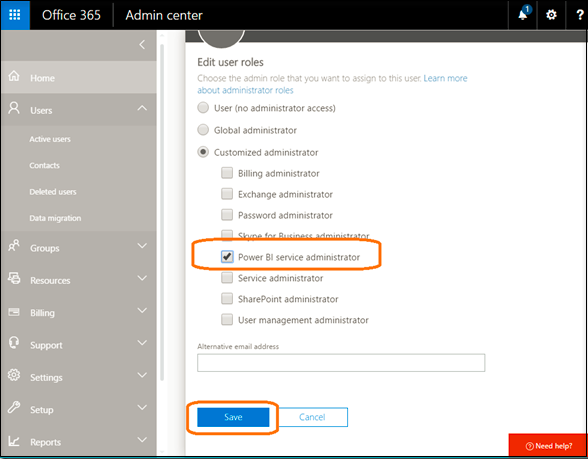 Office 365 Admin Screen for granting Power BI Admin rights